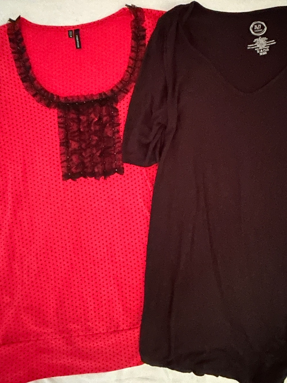 Maurices Womens Medium Tops Lot of 2 Black V-Neck & Red Polka Dot Ruffle Blouse